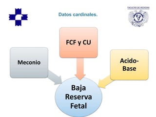 Datos cardinales.
Baja
Reserva
Fetal
Meconio
FCF y CU
Acido-
Base
 