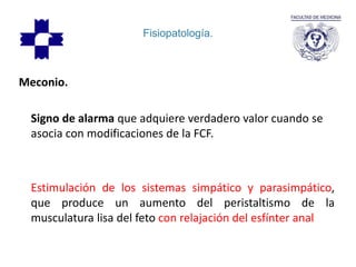 Fisiopatología.
Meconio.
Signo de alarma que adquiere verdadero valor cuando se
asocia con modificaciones de la FCF.
Estimulación de los sistemas simpático y parasimpático,
que produce un aumento del peristaltismo de la
musculatura lisa del feto con relajación del esfínter anal
 