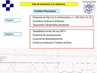 Posibles Resultados.
Positivo
Negativo
• Presencia de Dip II en 3 contracciones, o > 20% Dip II en 10
• Considerar finalizar el embarazo
• Taquicardia o Bradicardia persistente
• Variabilidad normal. No hay DIP II
• Presencia de asceleraciones.
• Ausencia de desaceleraciones.
• Continuar embarazo o Trabajo de Parto
Test de tolerancia a la oxitocina.
 