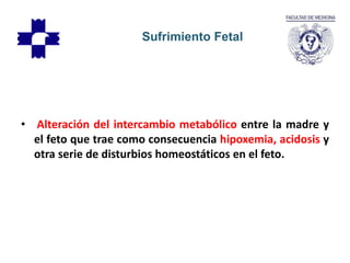 • Alteración del intercambio metabólico entre la madre y
el feto que trae como consecuencia hipoxemia, acidosis y
otra serie de disturbios homeostáticos en el feto.
Sufrimiento Fetal
 