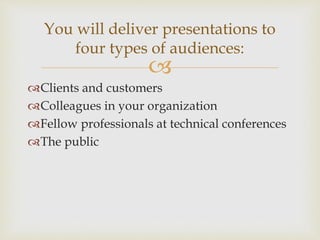 
Clients and customers
Colleagues in your organization
Fellow professionals at technical conferences
The public
You will deliver presentations to
four types of audiences:
 