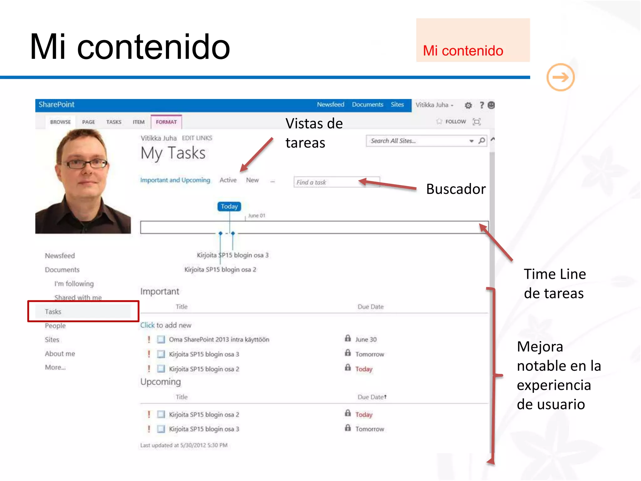 Mi contenido               Mi contenido




               Vistas de
               tareas

                           Buscador




                                           Time Line
                                           de tareas


                                          Mejora
                                          notable en la
                                          experiencia
                                          de usuario
 