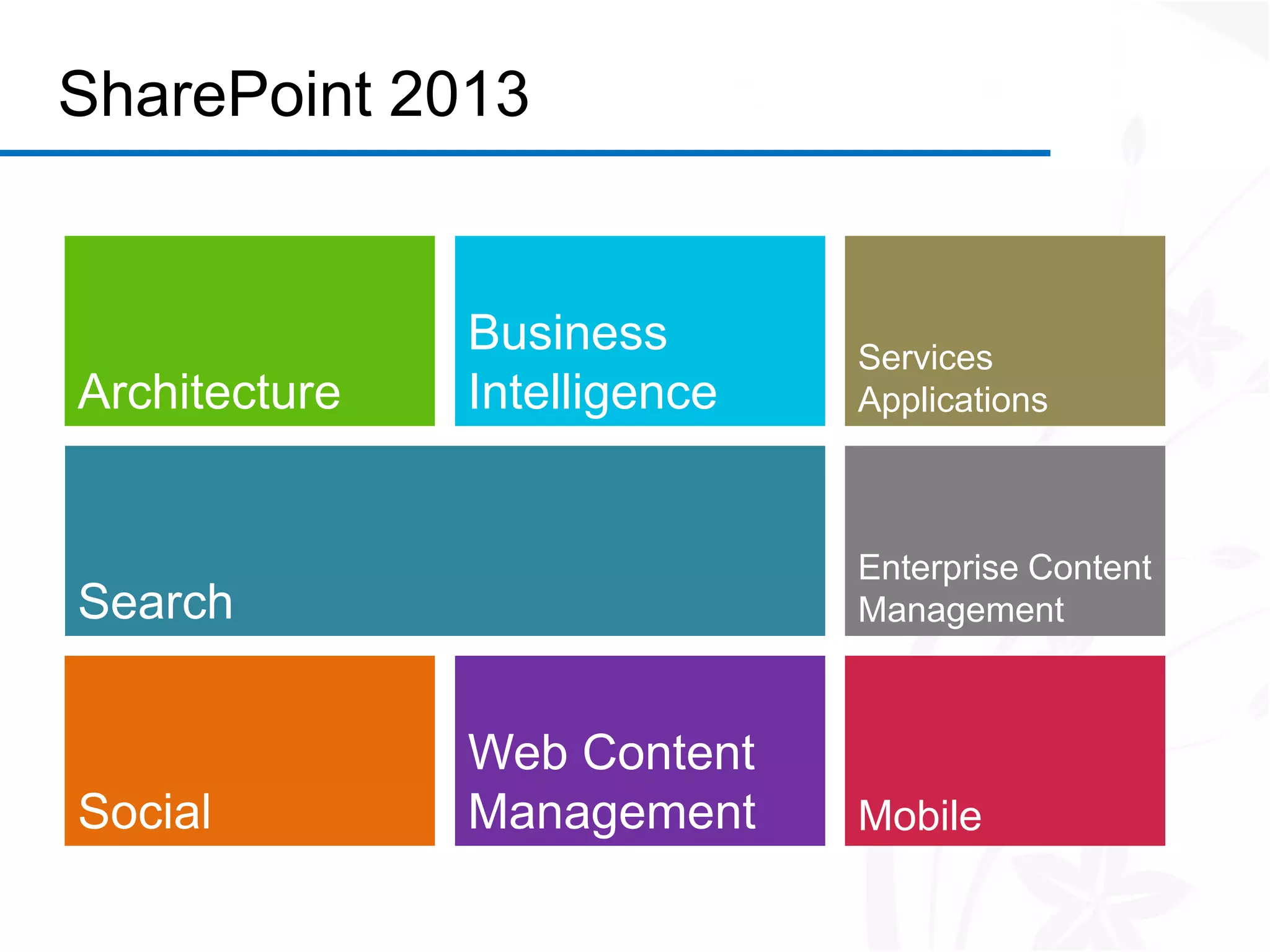 SharePoint 2013


               Business       Services
Architecture   Intelligence   Applications



                              Enterprise Content
Search                        Management



               Web Content
Social         Management     Mobile
 
