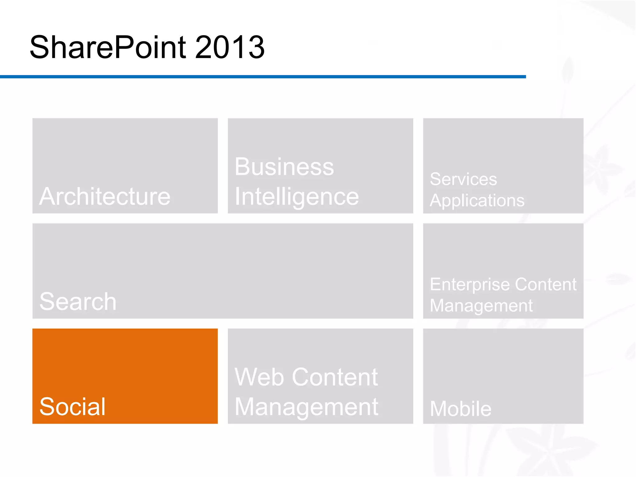 SharePoint 2013


               Business       Services
Architecture   Intelligence   Applications



                              Enterprise Content
Search                        Management



               Web Content
Social         Management     Mobile
 