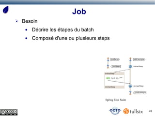 Job
➢   Besoin
     ●   Décrire les étapes du batch
     ●   Composé d'une ou plusieurs steps




                                       Spring Tool Suite


                                                           48
 