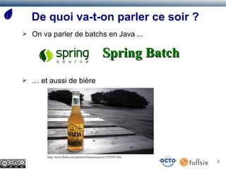 De quoi va-t-on parler ce soir ?
➢   On va parler de batchs en Java ...

                                                Spring Batch
➢   … et aussi de bière




        http://www.flickr.com/photos/fromeyetopixel/2559391584/
                                                                  3
 