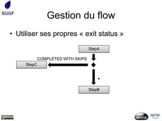 SUGF
               Gestion du flow
  • Utiliser ses propres « exit status »
                                   StepA

            COMPLETED WITH SKIPS
       StepC


                                       *
                                   StepB
 