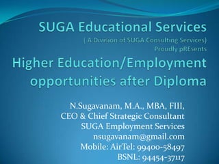 N.Sugavanam, M.A., MBA, FIII,
CEO & Chief Strategic Consultant
     SUGA Employment Services
       nsugavanam@gmail.com
     Mobile: AirTel: 99400-58497
               BSNL: 94454-37117
 
