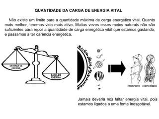 QUANTIDADE DA CARGA DE ENERGIA VITAL Não existe um limite para a quantidade máxima de carga energética vital. Quanto mais melhor, teremos vida mais ativa. Muitas vezes esses meios naturais não são suficientes para repor a quantidade de carga energética vital que estamos gastando, e passamos a ter carência energética. Jamais deveria nos faltar energia vital, pois estamos ligados a uma fonte Inesgotável. 