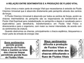 A RELAÇÃO ENTRE SENTIMENTOS E A PRODUÇÃO DE FLUIDO VITAL Como vimos a maior parte de energia Vital que necessitamos é extraído do Fluido Cósmico Universal que é absorvido diretamente pelo perispírito através dos centros de forças. O Fluído Cósmico Universal é absorvido por todos os centros de forças, porém os chacras intermediários do perispírito são os responsáveis de transformá-lo em Fluído Vital Espiritual para metabolização no perispírito e depois é canalizado para o duplo-etérico para densificá-lo, transformando-o em Fluído Vital Físico e direcionando-o para o organismo, com maior ou menor intensidade, de acordo com os sentimentos da criatura. Quando obstruimos os chacras, principalmente o chacra esplênico, bloqueamos a maior parte de entrada de energia vital. 