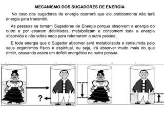 MECANISMO DOS SUGADORES DE ENERGIA No caso dos sugadores de energia ocorrerá que ele praticamente não terá energia para transmitir.  As pessoas se tornam Sugadoras de Energia porque absorvem a energia do outro e por estarem debilitadas, metabolizam e consomem toda a energia absorvida e não sobra nada para retornarem a outra pessoa.  E toda energia que o Sugador absorver será metabolizada e consumida pelo seus organismos físico e espiritual, ou seja, irá absorver muito mais do que emitir, causando assim um deficit energético na outra pessoa. 
