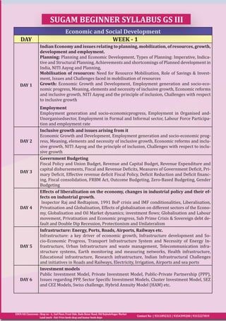 EDEN IAS Classroom : Shop no - 6, 2nd Floor, Front Side, Bada Bazar Road, Old RajindeNagar Market
Land mark - Fair Price book shop and kumar book depo
Contact No : | 9311092321 | 9354399200 | 9315227819
Economic and Social Development
DAY WEEK - 1
DAY 1
Indian Economy and issues relating to planning, mobilization, of resources, growth,
development and employment.
Planning: Planning and Economic Development, Types of Planning: Imperative, Indica-
tive and Structural Planning, Achievements and shortcomings of Planned development in
India, NITI Aayog and Planning,
Mobilisation of resources: Need for Resource Mobilisation, Role of Savings & Invest-
ment, Issues and Challenges faced in mobilisation of resources
Growth: Economic Growth and Development, Employment generation and socio-eco-
nomic progress, Meaning, elements and necessity of inclusive growth, Economic reforms
and inclusive growth, NITI Aayog and the principle of inclusion, Challenges with respect
to inclusive growth
Employment
Employment generation and socio-economicprogress, Employment in Organised and-
Unorganisedsector, Employment in Formal and Informal sector, Labour Force Participa-
tion and employment rate
DAY 2
Inclusive growth and issues arising from it
Economic Growth and Development, Employment generation and socio-economic prog-
ress, Meaning, elements and necessity of inclusive growth, Economic reforms and inclu-
sive growth, NITI Aayog and the principle of inclusion, Challenges with respect to inclu-
sive growth
DAY 3
Government Budgeting
Fiscal Policy and Union Budget, Revenue and Capital Budget, Revenue Expenditure and
capital disbursements, Fiscal and Revenue Deficits, Measures of Government Deficit, Pri-
mary Deficit, Effective revenue deficit Fiscal Policy, Deficit Reduction and Deficit financ-
ing, Fiscal consolidation, FRBM Act, Outcome Budgeting, Zero-Based Budgeting, Gender
Budgeting
DAY 4
Effects of liberalization on the economy, changes in industrial policy and their ef-
fects on industrial growth.
Inspector Raj and Redtapism, 1991 BoP crisis and IMF conditionalities, Liberalisation,
Privatisation and Globalisation, Effects of globalisation on different sectors of the Econo-
my, Globalisation and Oil Market dynamics; investment flows; Globalisation and Labour
movement, Privatisation and Economic progress, Sub Prime Crisis & Sovereign debt de-
fault and Double Dip Recession, Protectionism and Unilateralism
DAY 5
Infrastructure: Energy, Ports, Roads, Airports, Railways etc.
Infrastructure: a key driver of economic growth, Infrastructure development and So-
cio-Economic Progress, Transport Infrastructure System and Necessity of Energy In-
frastructure, Urban Infrastructure and waste management, Telecommunication infra-
structure systems, Earth monitoring and measuring networks, Health infrastructure,
Educational infrastructure, Research infrastructure, Indian Infrastructural Challenges
and initiatives in Roads and Railways, Electricity, Irrigation, Airports and sea ports
DAY 6
Investment models
Public Investment Model, Private Investment Model, Public-Private Partnership (PPP),
Issues regarding PPP, Sector Specific Investment Models, Cluster Investment Model, SEZ
and CEZ Models, Swiss challenge, Hybrid Annuity Model (HAM) etc.
SUGAM BEGINNER SYLLABUS GS III
 