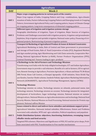 EDEN IAS Classroom : Shop no - 6, 2nd Floor, Front Side, Bada Bazar Road, Old RajindeNagar Market
Land mark - Fair Price book shop and kumar book depo
Contact No : | 9311092321 | 9354399200 | 9315227819
Agriculture
DAY Week 2
DAY 1
Major crops-cropping patterns in various parts of the country
Major Crop regions of India, Cropping Pattern and Crop –combinations, Agro-climatic
zonation of India, Factors Influencing Cropping Pattern and Emerging trends in Cropping
Pattern, Government Agricultural Policy and Cropping pattern, Impact of Climate Change
on cropping pattern, Long term consequences of distorted cropping pattern
DAY 2
Different types of irrigation and irrigation systems storage
Geographic distribution of irrigation, Types of irrigation, Major Sources of irrigation,
Problems and Challenges associated with irrigation projects, Irrigation and groundwater
depletion, Drip irrigation and sprinkle irrigation, National water policy, Financing of irri-
gational projects, Restructuring of present irrigation systems
DAY 3
Transport & Marketing of Agricultural Produce & Issues & Related Constraints
Agricultural Marketing in India, Role of Central and State government in procurement
and storage of Food Grains, Role of Food Corporation of India (FCI), Regulated Markets
and Agro market pricing, Agro Warehousing and Cold Chain networks, Cooperative Mar-
keting, National Agricultural Market (e-NAM), Farmer Producer Organisations (FPO),
Contract Farming and Futures trading in agro- products
DAY 4
e-Technology in the Aid of Farmers and Technology Missions
Transforming rural India with the help ofdigital technologies, ICT and Indian Agriculture,
Government steps to provide e-aid tofarmers, Benefits of e-aid to farmers, GIS in agricul-
ture, Remote Sensing in Agriculture, Precision Agriculture, e-Kisan and kisan TV, M-Kisan
SMS Portal, Kisan Call Centres, e-Choupal Agropedia –ICAR initiative, Voice Krishi Vig-
yan Kendra, Sanchar Shakti scheme, Sandesh Pathak, Agriculture Marketing Information,
Network (AGMARKNET)., Agricultural Technology Management, Agency (ATMA)
Technology Missions
Technology mission on cotton, Technology mission on oilseeds, pulsesand maize, Jute
technology mission, Technology mission on coconut, Technology mission for integrated-
development of horticulture, Sugar technology mission, National mission on sustain-
ableagriculture, National Mission on Agriculturalextension and technology, National food
Security Mission, National Mission on Food Processing, National mission for Protein sup-
plement, National saffron Mission
DAY 5
Issues related to direct and indirect farm subsidies and minimum support prices
Agricultural Subsidies, Rationale behind subsidies, Effectiveness, Extent and Problems
associated with subsidies, WTO and agro subsidies, Political expediency and populism
Public Distribution System- objectives, functioning, limitations, revamping; issues
ofbuffer stocks and food security
Targeted PDS schemes, Objectives and Significance of PDS, FCI and fair price shops, Prob-
lems associated with PDS, Transformation to Free market mechanisms
 