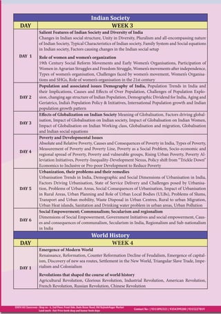 EDEN IAS Classroom : Shop no - 6, 2nd Floor, Front Side, Bada Bazar Road, Old RajindeNagar Market
Land mark - Fair Price book shop and kumar book depo
Contact No : | 9311092321 | 9354399200 | 9315227819
Indian Society
DAY WEEK 3
DAY 1
Salient Features of Indian Society and Diversity of India
Changes in Indian social structure, Unity in Diversity, Pluralism and all-encompassing nature
of Indian Society, Typical Characteristics of Indian society, Family System and Social equations
in Indian society, Factors causing changes in the Indian social setup
Role of women and women’s organization
19th Century Social Reform Movements and Early Women’s Organisations, Participation of
Women in Agrarian Struggles and Freedom Struggle, Women’s movements after independence,
Types of women’s organisation, Challenges faced by women’s movement, Women’s Organisa-
tions and SHGs, Role of women’s organisation in the 21st century
DAY 2
Population and associated issues Demography of India, Population Trends in India and
their Implications, Causes and Effects of Over Population, Challenges of Population Explo-
sion, changing age structure of Indian Population, Demographic Dividend for India, Aging and
Geriatrics, India’s Population Policy & Initiatives, International Population growth and Indian
population growth pattern
DAY 3
Effects of Globalization on Indian Society Meaning of Globalisation, Factors driving global-
isation, Impact of Globalisation on Indian society, Impact of Globalisation on Indian Women,
Impact of Globalisation on Indian Working class, Globalisation and migration, Globalisation
and Indian social equations
DAY 4
Poverty and Developmental Issues
Absolute and Relative Poverty, Causes and Consequences of Poverty in India, Types of Poverty,
Measurement of Poverty and Poverty Line, Poverty as a Social Problem, Socio-economic and
regional spread of Poverty, Poverty and vulnerable groups, Rising Urban Poverty, Poverty Al-
leviation Initiatives, Poverty-Inequality-Development Nexus, Policy shift from “Trickle Down”
Economics to Inclusive or Pro-poor Development to Reduce Poverty
DAY 5
Urbanization, their problems and their remedies
Urbanisation Trends in India, Demographic and Social Dimensions of Urbanisation in India,
Factors Driving Urbanisation, State of Service Delivery and Challenges posed by Urbanisa-
tion, Problems of Urban Areas, Social Consequences of Urbanisation, Impact of Urbanisation
in Rural Areas, Urban Planning and Role of Urban Local Bodies (ULBs), Problems of Slums,
Transport and Urban mobility, Waste Disposal in Urban Centres, Rural to urban Migration,
Urban Heat islands, Sanitation and Drinking water problem in urban areas, Urban Pollution
DAY 6
Social Empowerment; Communalism; Secularism and regionalism
Dimensions of Social Empowerment, Government Initiatives and social empowerment, Caus-
es and consequences of communalism, Secularism in India, Regionalism and Sub-nationalism
in India
World History
DAY WEEK 4
DAY 1
Emergence of Modern World
Renaissance, Reformation, Counter Reformation Decline of Feudalism, Emergence of capital-
ism, Discovery of new sea routes, Settlement in the New World, Triangular Slave Trade, Impe-
rialism and Colonialism
Revolutions that shaped the course of world history
Agricultural Revolution, Glorious Revolution, Industrial Revolution, American Revolution,
French Revolution, Russian Revolution, Chinese Revolution
 
