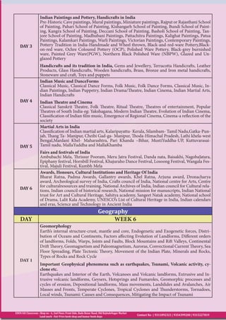 EDEN IAS Classroom : Shop no - 6, 2nd Floor, Front Side, Bada Bazar Road, Old RajindeNagar Market
Land mark - Fair Price book shop and kumar book depo
Contact No : | 9311092321 | 9354399200 | 9315227819
DAY 3
Indian Paintings and Pottery, Handicrafts in India
Pre-Historic Cave paintings, Mural paintings, Miniature paintings, Rajput or Rajasthani School
of Painting, Pahari School of Painting, Kishangarh School of Painting, Bundi School of Paint-
ing, Kangra School of Painting, Deccani School of Painting, Basholi School of Painting, Tan-
jore School of Painting, Madhubani Paintings, Pattachitra Paintings, Kalighat Paintings, Patua
Paintings, Kalamkari Paintings, Warli Paintings, Victorian Paintings, Contemporary Paintings,
Pottery Tradition in India-Handmade and Wheel thrown, Black-and-red-ware Pottery,Black-
on-red ware, Ochre Coloured Pottery (OCP), Polished Ware Pottery, Black-grey burnished
ware, Painted Grey Ware(PGW), Northern Black Polished Ware (NBPW), Glazed and Un-
glazed Pottery
Handicrafts and its tradition in India, Gems and Jewellery, Terracotta Handicrafts, Leather
Products, Glass Handicrafts, Wooden handicrafts, Brass, Bronze and Iron metal handicrafts,
Stoneware and craft, Toys and puppets
DAY 4
Indian Music and DanceForms
Classical Music, Classical Dance Forms, Folk Music, Folk Dance Forms, Classical Music, In-
dian Paintings, Indian Puppetry, Indian Drama/Theatre, Indian Cinema, Indian Martial Arts,
Indian Handicrafts
Indian Theatre and Cinema
Classical Sanskrit Theatre, Folk Theatre, Ritual Theatre, Theatres of entertainment, Popular
Theatres of South India-eg: Yakshagana, Modern Indian Theatre, Evolution of Indian Cinema,
Classification of Indian film music, Emergence of Regional Cinema, Cinema-a reflection of the
society
DAY 5
Martial Arts in India
Classification of Indian martial arts, Kalaripayattu- Kerala, Silambam- Tamil Nadu,Gatka-Pun-
jab, Thang Ta- Manipur, Cheibi Gad-ga- Manipur, Thoda-Himachal Pradesh, Lathi khela-west
Bengal,Mardani Khel- Maharashtra, Pari Khanda –Bihar, MustiYuddha-UP, Kuttuvarasai-
Tamil nadu, MallaYuddha and MallaKhamba
Fairs and festivals of India
Ambubachi Mela, Thrissur Pooram, Meru Jatra Festival, Danda nata, Baisakhi, NagobaJatara,
Epiphany festival, Hornbill Festival, Khajuraho Dance Festival, Losoong Festival, Wangala Fes-
tival, Majuli Festival, Kumbh Mela
DAY 6
Awards, Honours, Cultural Institutions and Heritage Of India
Bharat Ratna, Padma Awards, Gallantry awards, Khel Ratna, Arjuna award, Dronacharya
award, Archeological survey of India, Crafts council of India, National centre for Arts, Centre
for culturalresources and training, National Archives of India, Indian council for Cultural rela-
tions, Indian council of historical research, National mission for manuscripts, Indian National
trust for Art and Cultural Heritage, Sahitya academy, Sangeet Natak academy, National school
of Drama, Lalit Kala Academy, UNESCO’s List of Cultural Heritage in India, Indian calendars
and eras, Science and Technology in Ancient India
Geography
DAY WEEK 6
DAY 1
Geomorphology
Earth’s internal structure-crust, mantle and core, Endogenetic and Exogenetic forces, Distri-
bution of Oceans and Continents, Factors affecting Evolution of Landforms, Different orders
of landforms, Folds, Warps, Joints and Faults, Block Mountains and Rift Valleys, Continental
Drift Theory, Geomagnetism and Paleomagnetism, Auroras, Convectional Current Theory, Sea
Floor Spreading, Plate Tectonic Theory, Movement of the Indian Plate, Minerals and Rocks,
Types of Rocks and Rock Cycle
Important Geophysical phenomena such as earthquakes, Tsunami, Volcanic activity, cy-
clone etc.
Earthquakes and Interior of the Earth, Volcanoes and Volcanic landforms, Extrusive and In-
trusive volcanic landforms, Geysers, Hotsprings and Fumaroles, Geomorphic processes and
cycles of erosion, Depositional landforms, Mass movements, Landslides and Avalanches, Air
Masses and Fronts, Temperate Cyclones, Tropical Cyclones and Thunderstorms, Tornadoes,
Local winds, Tsunami: Causes and Consequences, Mitigating the Impact of Tsunami
 