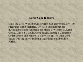 Sugar Cane Industry Until the Civil War, Iberville Parish had approximately 160 sugar and syrup factories. By 1944 this number has dwindled to eight factories: the Slack’s, Wilbert’s Myrtle Grove, Gay’s St. Louis, Cora Texas, Supple’s Catherine, Cedar Grove, and Murrell’s Tally Ho. In 1998 the Cora Texas was the only surviving sugar house in Iberville Parish. 