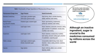 Although an inactive
ingredient, sugar is
crucial to the
medicines consumed
by millions across the
world
 