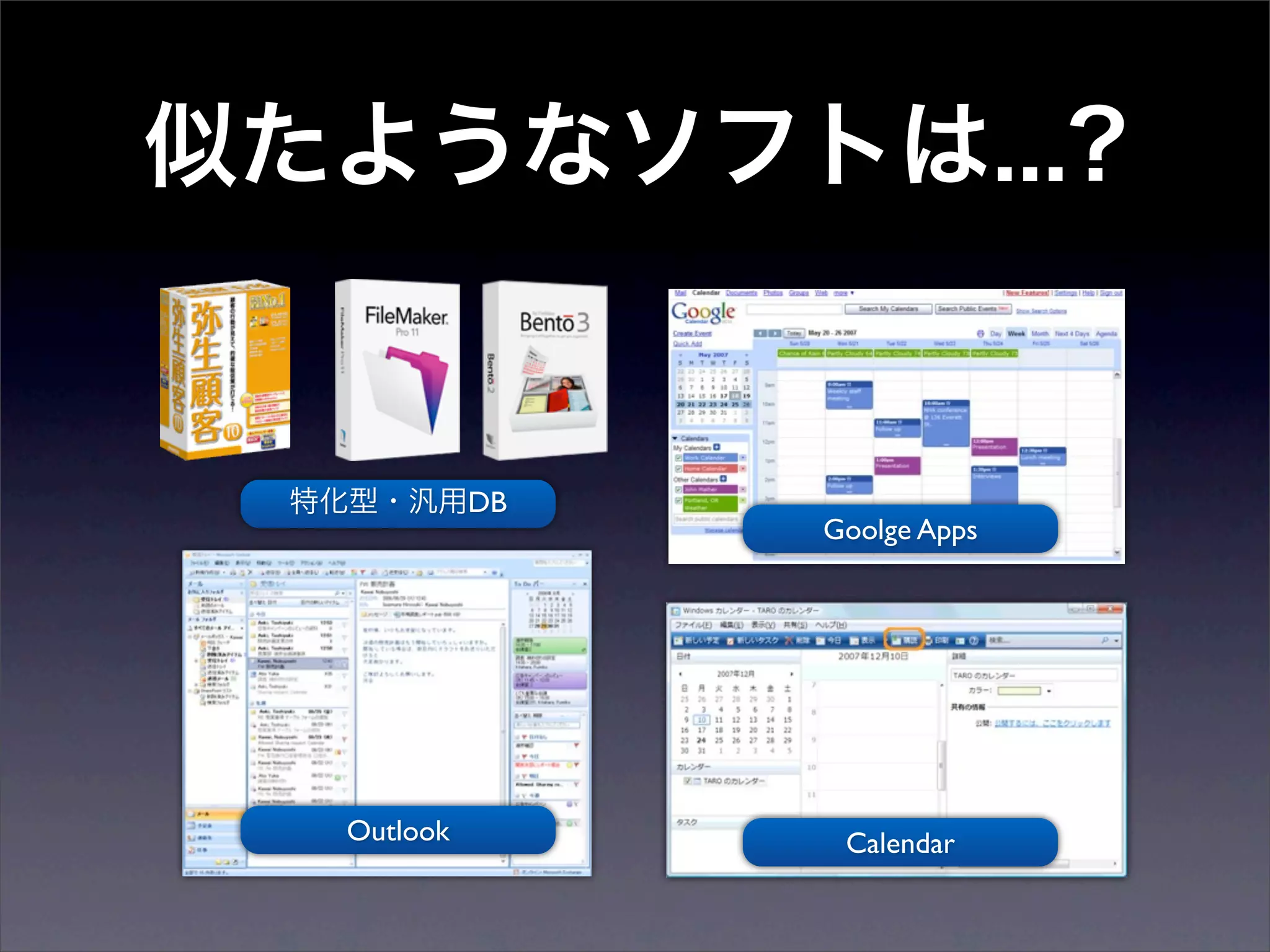 DB
               Goolge Apps




Outlook         Calendar
 