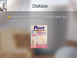Diatase


Found in barley, milk, plants and our
saliva

 