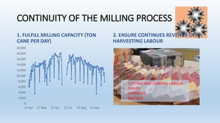 CONTINUITY OF THE MILLING PROCESS
1. FULFILL MILLING CAPACITY (TON
CANE PER DAY)
2. ENSURE CONTINUES REVENUE OF
HARVESTING LABOUR
0
2,000
4,000
6,000
8,000
10,000
12,000
14,000
16,000
18,000
20,000
27-Apr 27-May 27-Jun 27-Jul 27-Aug 27-Sep
• CUTTING AND LOADING LABOUR
• DRIVER
• OPERATOR
• PARTNER
 