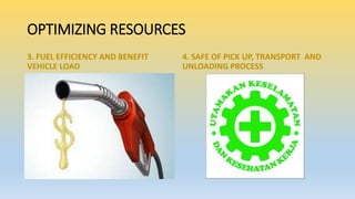 3. FUEL EFFICIENCY AND BENEFIT
VEHICLE LOAD
4. SAFE OF PICK UP, TRANSPORT AND
UNLOADING PROCESS
OPTIMIZING RESOURCES
 