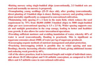 •Raising nursery using single-budded chips (conventionally, 2-3 budded sets are
used and normally no nursery is prepared).
•Transplanting young seedlings (25-35 days old), after grading (conventionally,
direct planting of 3-budded chips is done). Raising a nursery and grading reduces
plant mortality significantly as compared to conventional cultivation.
•Maintaining wide spacing (5 x 2 feet) in the main field, which reduces the seed
requirement by 75% from 48,000 (16000 3-budded chips) to 5000 single-budded
chips per acre (conventional spacing is 1.5 x 2.5 ft). Wider spacing supports easy
air and sunlight penetration in the crop canopy, leading to better and healthier
cane growth. It also allows for easier intercultural operations.
•Providing sufficient moisture and avoiding inundation of water, whereby 40% of
water is saved (conventionally, flooding is practiced). This is significant as
sugarcane consumes about 2500L of water per kg of sugarcane produced.
•Encouraging organic methods of nutrient management and plant protection.
•Practicing intercropping (which is possible due to wider spacing and non-
flooding), thereby increasing effective utilization of land, giving additional income
and reducing weed growth by 60%.
•All of the above practices, lead to increased length and weight of individual canes,
and alteast 20-25 tillers/plant and 9-10 millable canes/plant, as compared to 10-15
tillers and 4-5 millable canes in conventional cultivation.
 