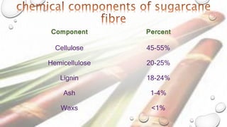 Component Percent
Cellulose 45-55%
Hemicellulose 20-25%
Lignin 18-24%
Ash 1-4%
Waxs <1%
 