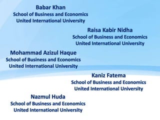 Babar Khan
School of Business and Economics
United International University
Raisa Kabir Nidha
School of Business and Economics
United International University
Mohammad Azizul Haque
School of Business and Economics
United International University
Kaniz Fatema
School of Business and Economics
United International University
Nazmul Huda
School of Business and Economics
United International University
 