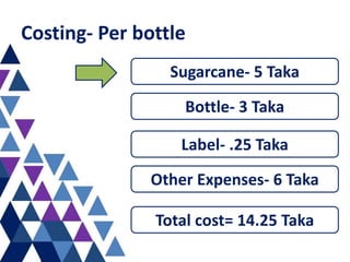 Costing- Per bottle
Sugarcane- 5 Taka
Bottle- 3 Taka
Label- .25 Taka
Other Expenses- 6 Taka
Total cost= 14.25 Taka
 