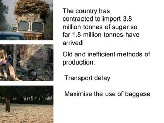 The country has
contracted to import 3.8
million tonnes of sugar so
far 1.8 million tonnes have
arrived
Old and inefficient methods of
production.
Transport delay
Maximise the use of baggase.
 