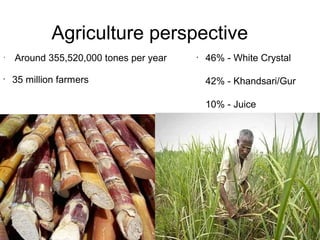 Agriculture perspective
•
Around 355,520,000 tones per year
•
35 million farmers
•
46% - White Crystal
42% - Khandsari/Gur
10% - Juice
 