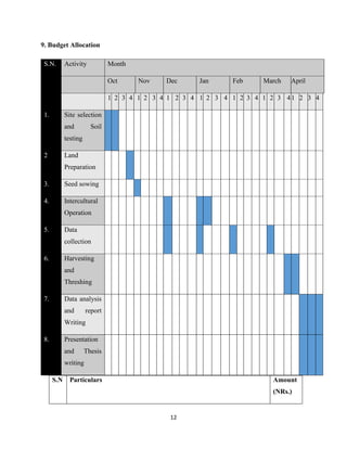 12
9. Budget Allocation
S.N Particulars Amount
(NRs.)
S.N. Activity Month
Oct Nov Dec Jan Feb March April
1 2 3 4 1 2 3 4 1 2 3 4 1 2 3 4 1 2 3 4 1 2 3 41 2 3 4
1. Site selection
and Soil
testing
2 Land
Preparation
3. Seed sowing
4. Intercultural
Operation
5. Data
collection
6. Harvesting
and
Threshing
7. Data analysis
and report
Writing
8. Presentation
and Thesis
writing
 
