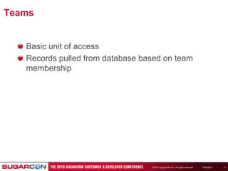 4/19/2010©2010 SugarCRM Inc. All rights reserved.11TeamsBasic unit of accessRecords pulled from database based on team membership