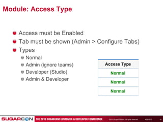 4/19/2010©2010 SugarCRM Inc. All rights reserved.18Module: Access TypeAccess must be EnabledTab must be shown (Admin > Configure Tabs)TypesNormalAdmin (ignore teams)Developer (Studio)Admin & Developer