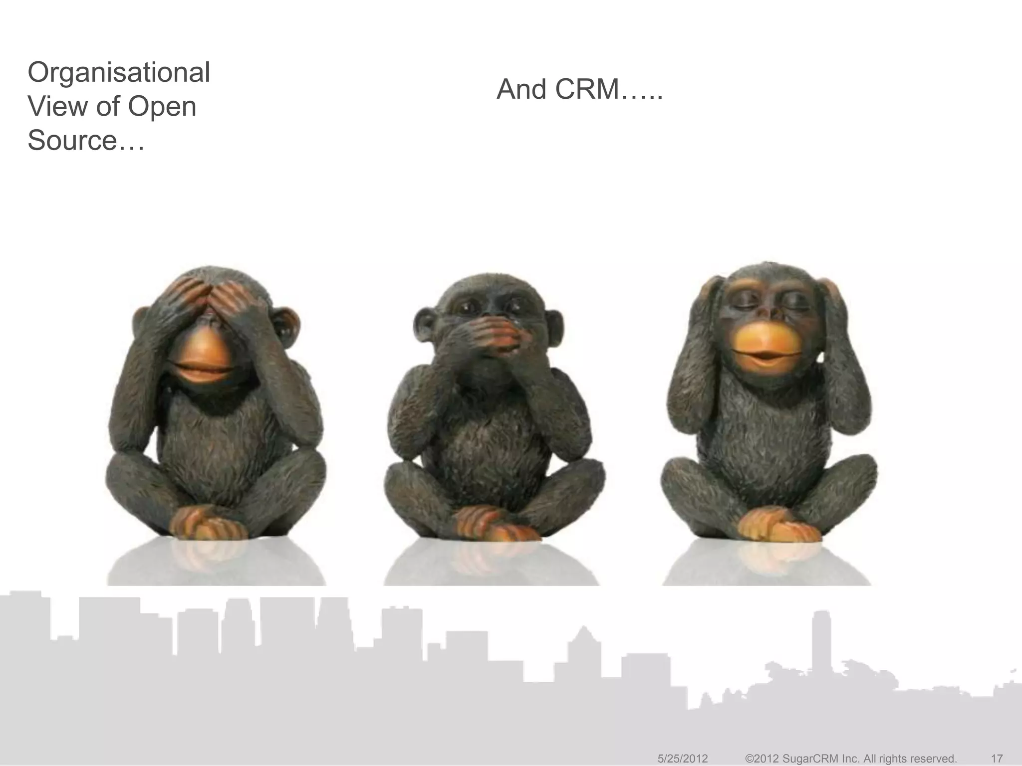 Organisational
                 And CRM…..
View of Open
Source…




                          5/25/2012   ©2012 SugarCRM Inc. All rights reserved.   17
 