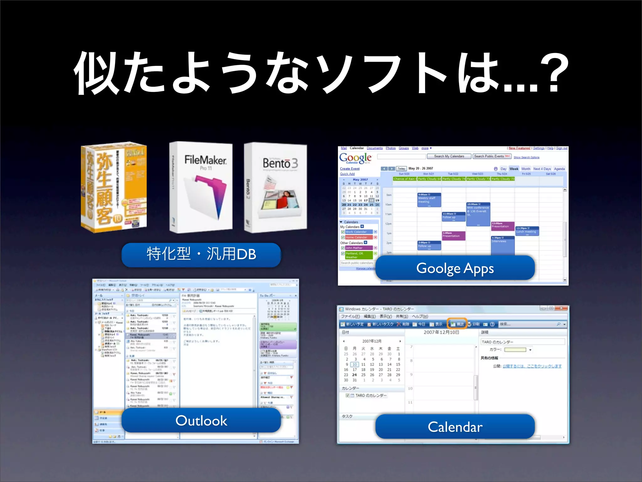 DB
               Goolge Apps




Outlook         Calendar
 