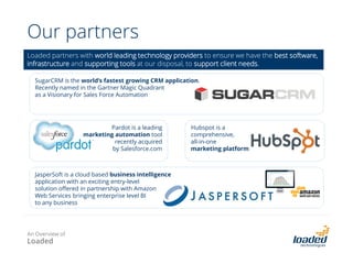 Our partners
Loaded partners with world leading technology providers to ensure we have the best software,
infrastructure and supporting tools at our disposal, to support client needs.
SugarCRM is the world’s fastest growing CRM application.
Recently named in the Gartner Magic Quadrant
as a Visionary for Sales Force Automation

Pardot is a leading
marketing automation tool
recently acquired
by Salesforce.com

JasperSoft is a cloud based business intelligence
application with an exciting entry-level
solution offered in partnership with Amazon
Web Services bringing enterprise level BI
to any business

An Overview of

Loaded

Hubspot is a
comprehensive,
all-in-one
marketing platform

 