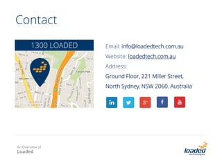 Contact
1300 LOADED

Email: info@loadedtech.com.au
Website: loadedtech.com.au
Address:
Ground Floor, 221 Miller Street,
North Sydney, NSW 2060. Australia

An Overview of

Loaded

 