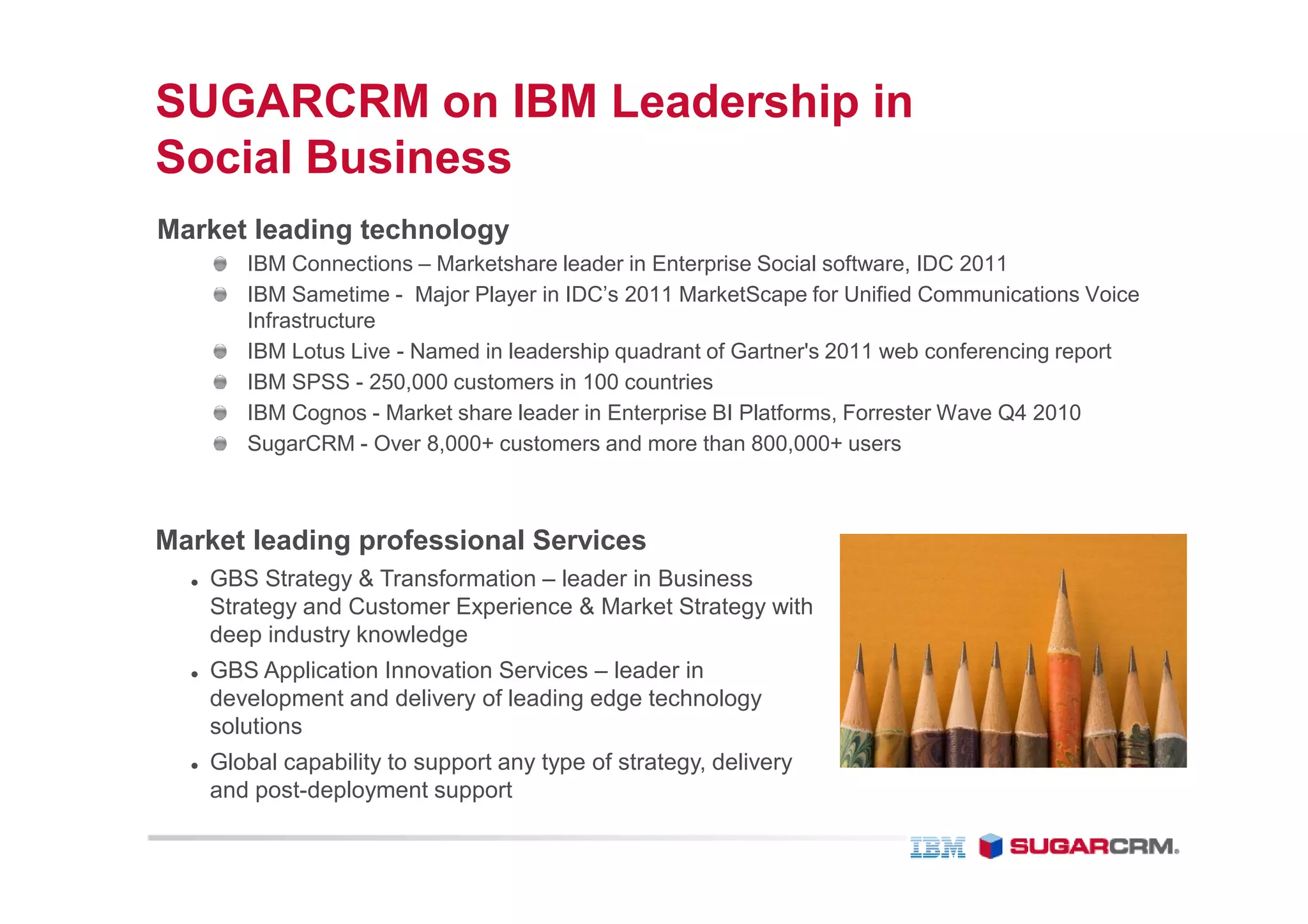 SUGARCRM on IBM Leadership in
Social Business
Market leading technology
      IBM Connections – Marketshare leader in Enterprise Social software, IDC 2011
      IBM Sametime - Major Player in IDC’s 2011 MarketScape for Unified Communications Voice
      Infrastructure
      IBM Lotus Live - Named in leadership quadrant of Gartner's 2011 web conferencing report
      IBM SPSS - 250,000 customers in 100 countries
      IBM Cognos - Market share leader in Enterprise BI Platforms, Forrester Wave Q4 2010
      SugarCRM - Over 8,000+ customers and more than 800,000+ users



Market leading professional Services
   GBS Strategy & Transformation – leader in Business
   Strategy and Customer Experience & Market Strategy with
   deep industry knowledge
   GBS Application Innovation Services – leader in
   development and delivery of leading edge technology
   solutions
   Global capability to support any type of strategy, delivery
   and post-deployment support
 