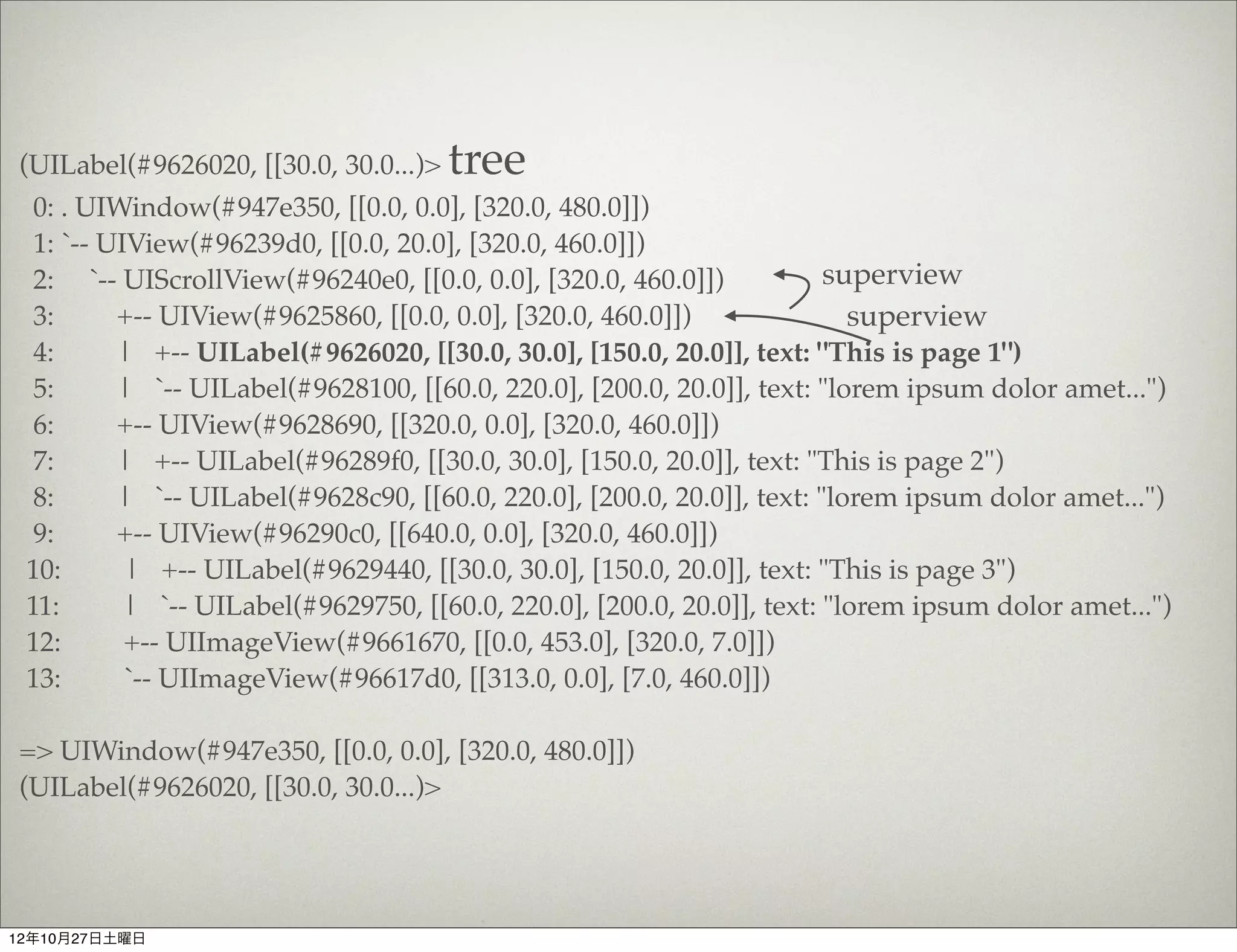 class	
  HomeViewController	
  <	
  UIViewController
      	
  	
  def	
  viewDidLoad
      	
  	
  	
  	
  super
      	
  	
  	
  	
  scroll_frame	
  =	
  view.bounds

      	
  	
  	
  	
  scroll	
  =	
  UIScrollView.alloc.initWithFrame(scroll_frame)
      	
  	
  	
  	
  scroll.pagingEnabled	
  =	
  true
      	
  	
  	
  	
  scroll.contentSize	
  =	
  CGSizeMake(scroll_frame.width	
  *	
  3,	
  scroll_frame.height)

      	
  	
  	
  	
  3.times	
  do	
  |i|
      	
  	
  	
  	
  	
  	
  subframe	
  =	
  scroll_frame.right(scroll_frame.width	
  *	
  i)
      	
  	
  	
  	
  	
  	
  subview	
  =	
  UIView.alloc.initWithFrame(subframe)
      	
  	
  	
  	
  	
  	
  subview.backgroundColor	
  =	
  [rand	
  *	
  255,	
  rand	
  *	
  255,	
  rand	
  *	
  255].uicolor
      	
  	
  	
  	
  	
  	
  scroll	
  <<	
  subview
      	
  	
  	
  	
  	
  	
  header_frame	
  =	
  subview.bounds.down(30).right(30).width(150).height(20)
      	
  	
  	
  	
  	
  	
  header_label	
  =	
  UILabel.alloc.initWithFrame	
  header_frame
      	
  	
  	
  	
  	
  	
  header_label.text	
  =	
  "This	
  is	
  page	
  #{i	
  +	
  1}"
      	
  	
  	
  	
  	
  	
  header_label.backgroundColor	
  =	
  :clear.uicolor
      	
  	
  	
  	
  	
  	
  subview	
  <<	
  header_label

      	
  	
  	
  	
  	
  	
  sublabel	
  =	
  UILabel.alloc.initWithFrame(header_frame.below(100).width(200).centered_in(subframe))
      	
  	
  	
  	
  	
  	
  sublabel.text	
  =	
  "lorem	
  ipsum	
  dolor	
  amet..."
      	
  	
  	
  	
  	
  	
  sublabel.backgroundColor	
  =	
  :clear.uicolor
      	
  	
  	
  	
  	
  	
  subview	
  <<	
  sublabel
      	
  	
  	
  	
  end

      	
  	
  	
  	
  view	
  <<	
  scroll
      	
  	
  end

      	
  	
  def	
  viewDidUnload
      	
  	
  	
  	
  super
      	
  	
  	
  	
  #	
  Release	
  any	
  retained	
  subviews	
  of	
  the	
  main	
  view.
      	
  	
  end

      	
  	
  def	
  shouldAutorotateToInterfaceOrientation(interfaceOrientation)
      	
  	
  	
  	
  interfaceOrientation	
  ==	
  UIInterfaceOrientationPortrait
      	
  	
  end
      end




12年10月27日土曜日
 