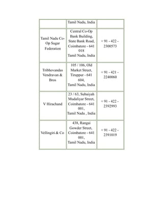 Tamil Nadu, India
Central Co-Op
Tamil Nadu Co-
Op Sugar
Federation
Bank Building,
State Bank Road, + 91 - 422 -
Coimbatore - 641 2300573
018
Tamil Nadu, India
105 / 106, Old
Tribhovandas Market Street,
Vendravan & Tiruppur - 641
Bros 604,
Tamil Nadu, India
+ 91 - 421 -
2240060
23 / 63, Subaiyah
Mudaliyar Street,
V Hirachand Coimbatore - 641
001,
Tamil Nadu , India
+ 91 - 422 -
2392993
438, Rangai
Gowder Street,
Vellingiri & Co Coimbatore - 641
001,
Tamil Nadu, India
+ 91 - 422 -
2391019
 