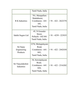 Tamil Nadu, India
761, Marapallam
Madukkarai,
R K Industries Coimbatore - 641 + 91 - 422 - 2622378
105,
Tamil Nadu, India
45, N Gounder
Sakthi Sugars Ltd
Street,
Pollachi - 642 001
Tamil Nadu, India
+ 91 - 4259 - 223935
1276, Mettupalayam
Sri Sujay Road,
Engineering Coimbatore - 641 + 91 - 422 - 2442430
Products 043,
Tamil Nadu, India
54, Sowripalayam
Sri Vijayalakshmi
Industries
Road,
Coimbatore - 641
028,
Tamil Nadu, India
+ 91 - 422 - 2316202
 
