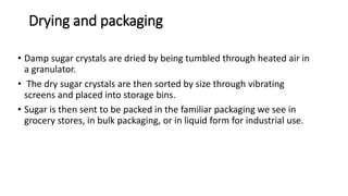 Drying and packaging
• Damp sugar crystals are dried by being tumbled through heated air in
a granulator.
• The dry sugar crystals are then sorted by size through vibrating
screens and placed into storage bins.
• Sugar is then sent to be packed in the familiar packaging we see in
grocery stores, in bulk packaging, or in liquid form for industrial use.
 