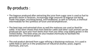 By-products :
• The bagasse produced after extracting the juice from sugar cane is used as fuel to
generate steam in factories. Increasingly large amounts of bagasse are being
made into paper, insulating board, and hardboard, as well as furfural, a chemical
intermediate for the synthesis of furan and tetrahydrofuran.
• The beet tops and extracted slices as well the molasses are used as feed for
cattle. It has been shown that more feed for cattle and other such animals can be
produced per acre-year from beets than from any other crop widely grown in the
United States. The beet strips are also treated chemically to facilitate the
extraction of commercial pectin.
• The end product derived from sugar refining is blackstrap molasses. It is used in
cattle feed as well as in the production of industrial alcohol, yeast, organic
chemicals, and rum.
 