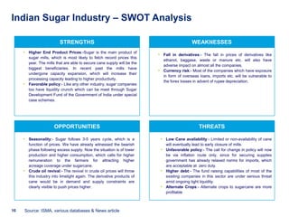 Indian Sugar Industry – SWOT Analysis

                          STRENGTHS                                                        WEAKNESSES
     • Higher End Product Prices:-Sugar is the main product of
                                                                         • Fall in derivatives:- The fall in prices of derivatives like
       sugar mills, which is most likely to fetch record prices this
                                                                           ethanol, baggase, waste or manure etc. will also have
       year. The mills that are able to secure cane supply will be the
                                                                           adverse impact on almost all the companies.
       biggest beneficiaries. In recent past the mills have
                                                                         • Currency risk:- Most of the companies which have exposure
       undergone capacity expansion, which will increase their
                                                                           in form of overseas loans, imports etc. will be vulnerable to
       processing capacity leading to higher productivity.
                                                                           the forex losses in advent of rupee depreciation.
     • Favorable policy:- Like any other industry, sugar companies
       too have liquidity crunch which can be meet through Sugar
       Development Fund of the Government of India under special
       case schemes.




                      OPPORTUNITIES                                                            THREATS

     • Seasonality:- Sugar follows 3-5 years cycle, which is a            • Low Cane availability:- Limited or non-availability of cane
       function of prices. We have already witnessed the bearish            will eventually lead to early closure of mills.
       phase following excess supply. Now the situation is of lower       • Unfavorable policy:- The call for change in policy will now
       production and higher consumption, which calls for higher            be via inflation route only, since for securing supplies
       remuneration to the farmers for attracting higher                    government has already relaxed norms for imports, which
       acreage coverage under sugarcane.                                    are acceptable at zero duty.
     • Crude oil revival:- The revival in crude oil prices will throw     • Higher debt:- The fund raising capabilities of most of the
       this industry into limelight again. The derivative products of       existing companies in this sector are under serious threat
       cane would be in demand and supply constraints are                   amid ongoing tight liquidity.
       clearly visible to push prices higher.                             • Alternate Crops:- Alternate crops to sugarcane are more
                                                                            profitable



10   Source: ISMA, various databases & News article
 