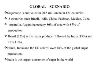 GLOBAL SCENARIO
Sugarcane is cultivated in 20.5 million ha in 121 countries.
15 countries such Brazil, India, China, Pakistan, Mexico, Cuba,
 Australia, Argentina occupy 86% of area with 87% of
   production.
 Brazil (22%) is the major producer followed by India (15%) and
   EU (11%).
Brazil, India and the EU control over 48% of the global sugar
  production.
India is the largest consumer of sugar in the world
 