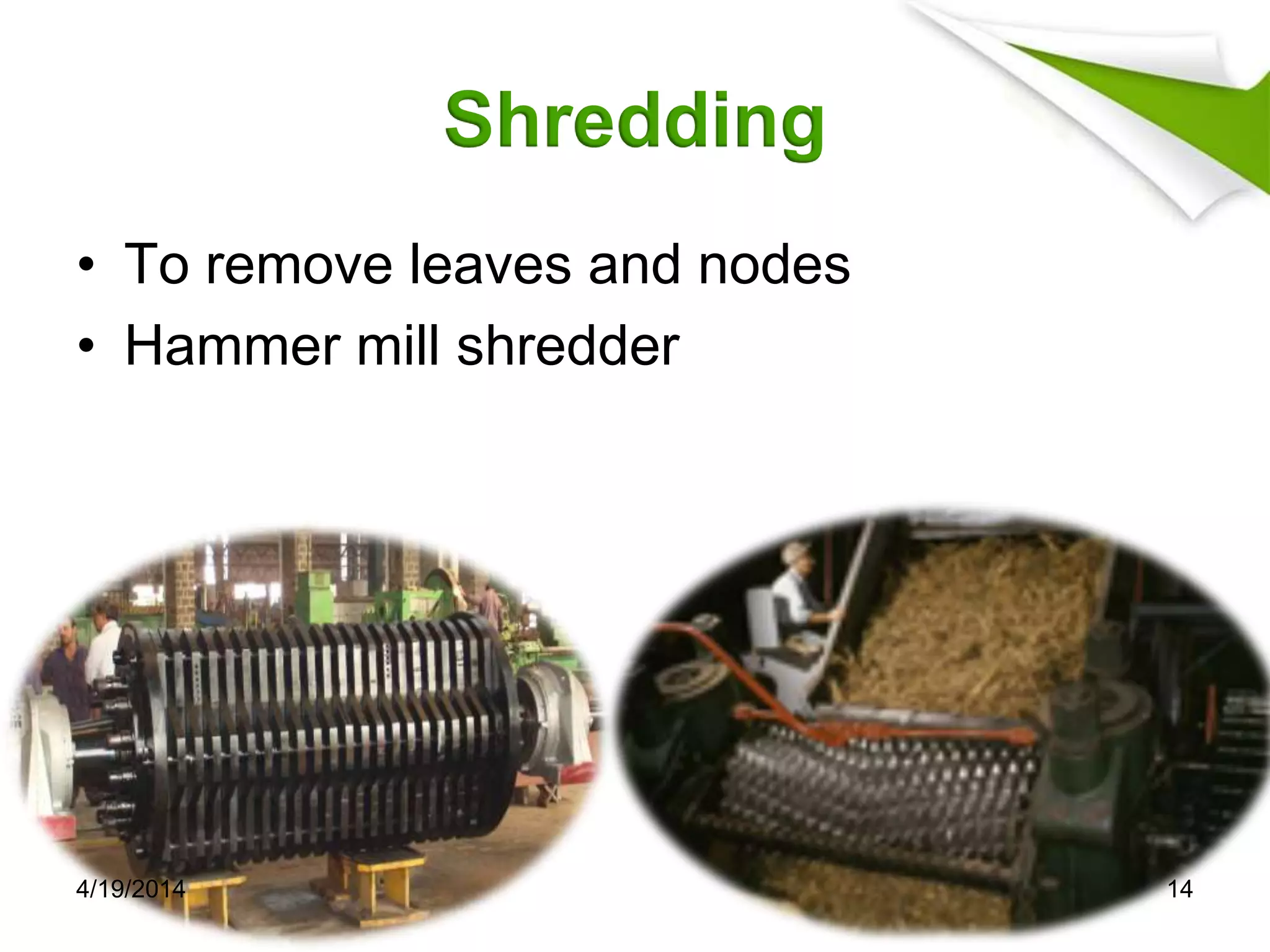 Shredding
• To remove leaves and nodes
• Hammer mill shredder
4/19/2014 14
 