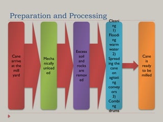 Preparation and Processing
Cane
arrive
at the
mill
yard
Mecha
nically
unload
ed
Excess
soil
and
rocks
are
remov
ed
Cleani
ng
1)
Floodi
ng
warm
water
2)
Spread
ing the
cane
on
agitati
ng
convey
ors
3)
Combi
ng
drums
Cane
is
ready
to be
milled
 