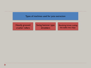 Types of machines used for juice extraction
Heavily grooved
crusher rollers
Swing hammer type
shredders
Revolving knives cutting
the stalks into chips
 