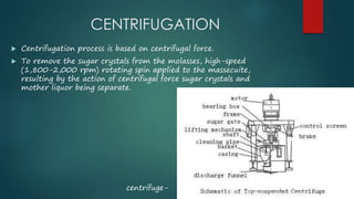 CENTRIFUGATION 
 Centrifugation process is based on centrifugal force. 
 To remove the sugar crystals from the molasses, high-speed 
(1,800-2,000 rpm) rotating spin applied to the massecuite, 
resulting by the action of centrifugal force sugar crystals and 
mother liquor being separate. 
centrifuge- 
 